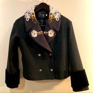 FABITORIA Sz 8 Double Breasted Wool Blend Faux Fur Cuffs Lined Blazer Jacket